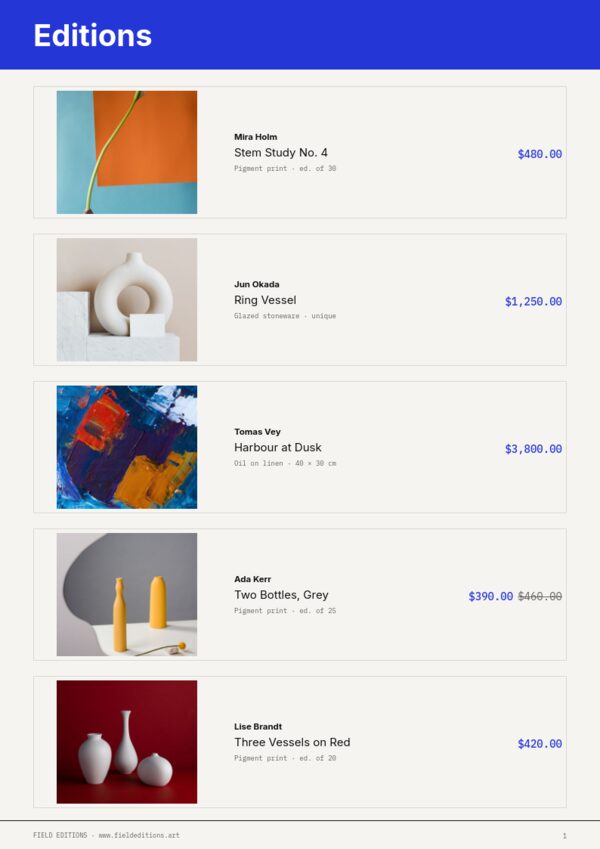 Art & Gallery — product page, Line sheet