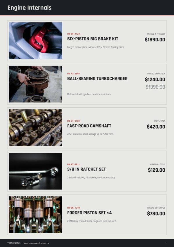 Automotive & Parts — product page, Line sheet
