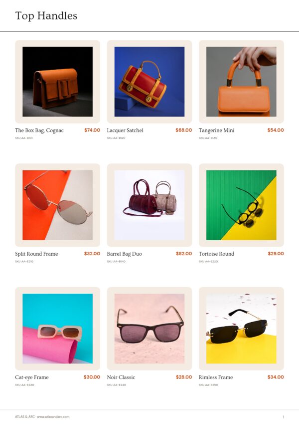 Bags & Accessories Catalog — product page, 3 × 3 grid