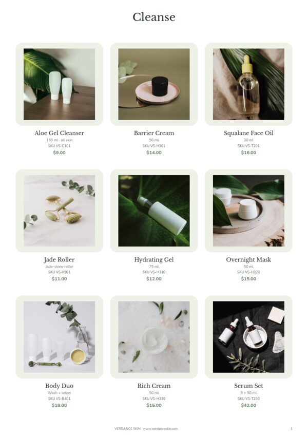 Beauty Catalog — product page, 3 × 3 grid