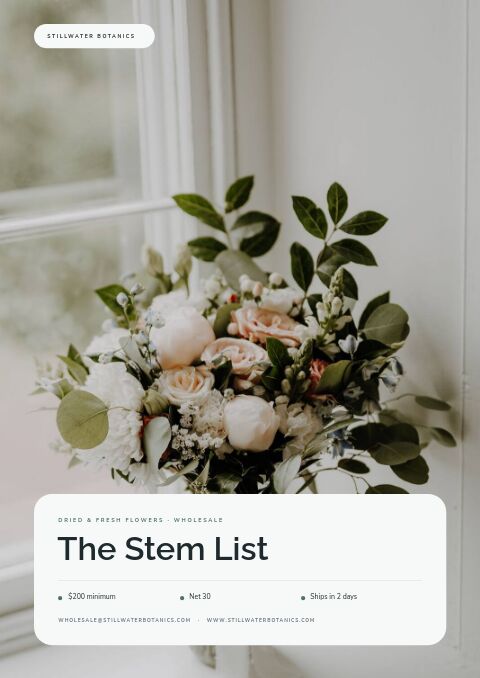 Clean Catalog cover with a white and blush bouquet by a window and a rounded white card titled The Stem List