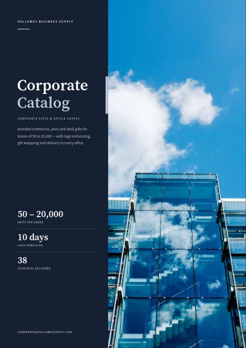 Corporate catalog cover: a navy column with a serif title and three figures beside a glass office tower and blue sky
