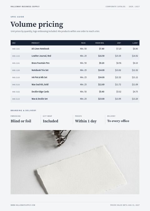 Corporate Catalog — Size / Spec Guide page