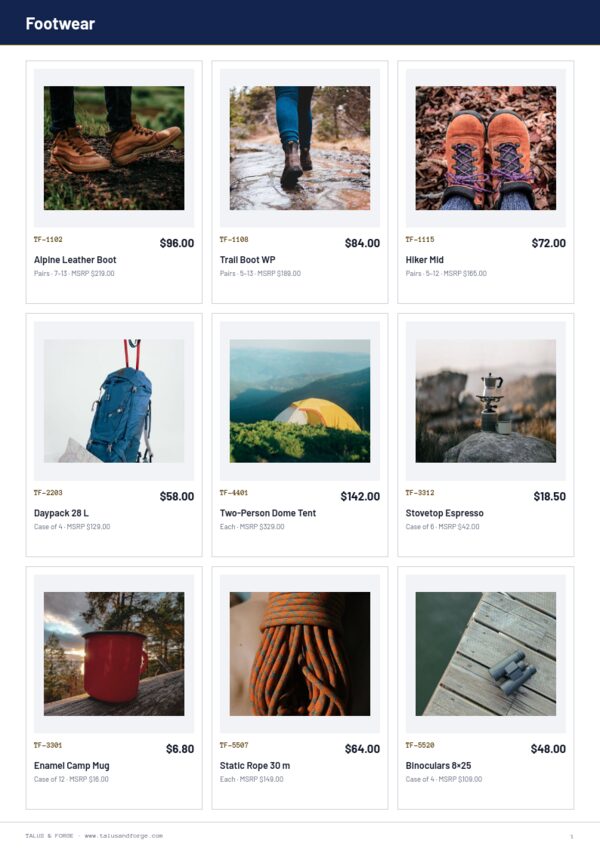 Dealer Catalog — product page, 3 × 3 grid