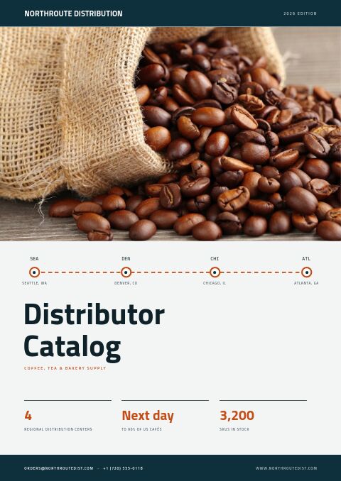Distributor catalog cover: coffee beans spilling from a burlap sack above a route line linking four depots
