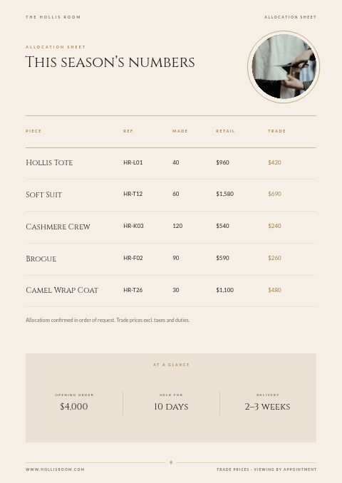 Exclusive Collection — Size / Spec Guide page
