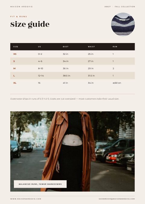 Fall Collection — Size / Spec Guide page