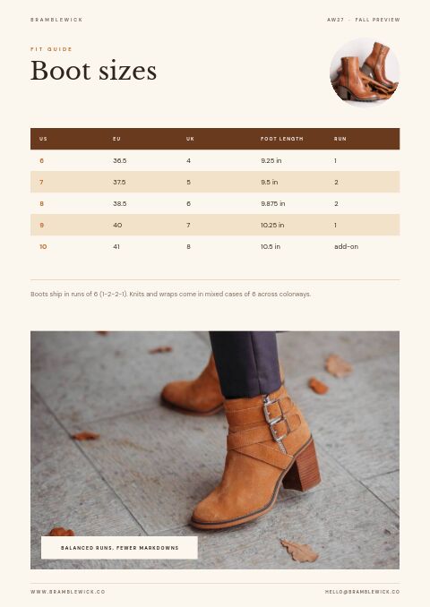 Fall Preview — Size / Spec Guide page