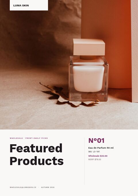 Featured Products catalog cover with a perfume bottle on warm terracotta above a white product panel priced in plum