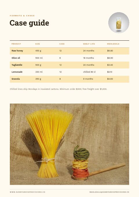 Food & Beverage Catalog — Size / Spec Guide page