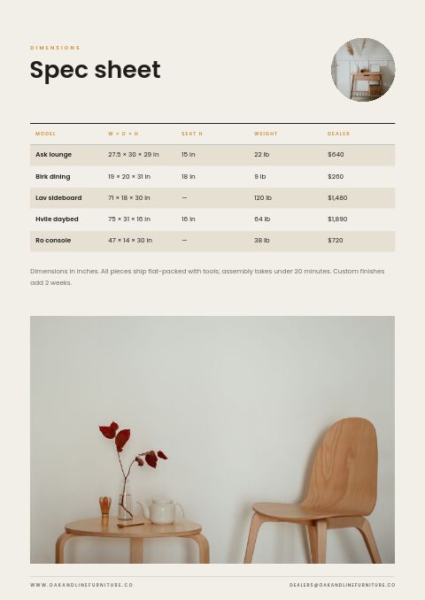 Furniture Catalog — Size / Spec Guide page