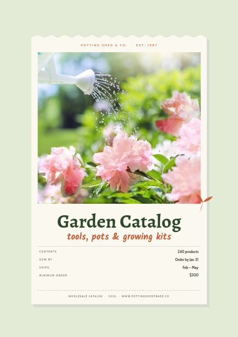 Garden catalog cover: a seed-packet card on sage, a watering can sprinkling pink peonies, order-by date and ship window