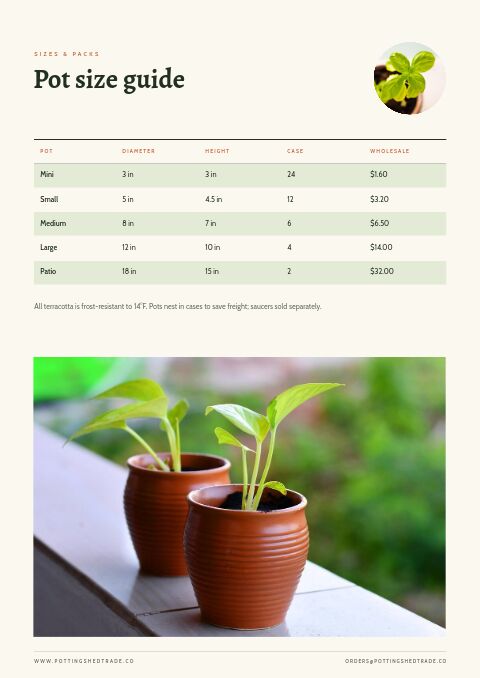 Garden Catalog — Size / Spec Guide page