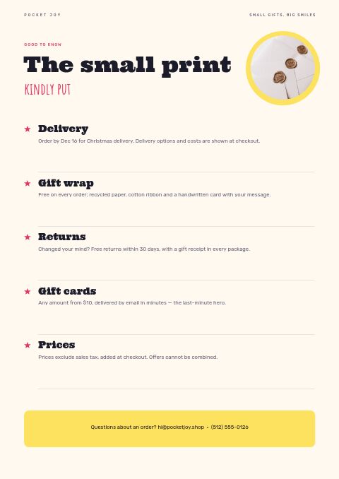 Gifts Under $25 — Notes / Terms page
