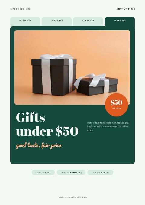 Gifts under $50 cover with price-band tabs, black gift boxes on a bottle-green card and an orange $50 or less badge