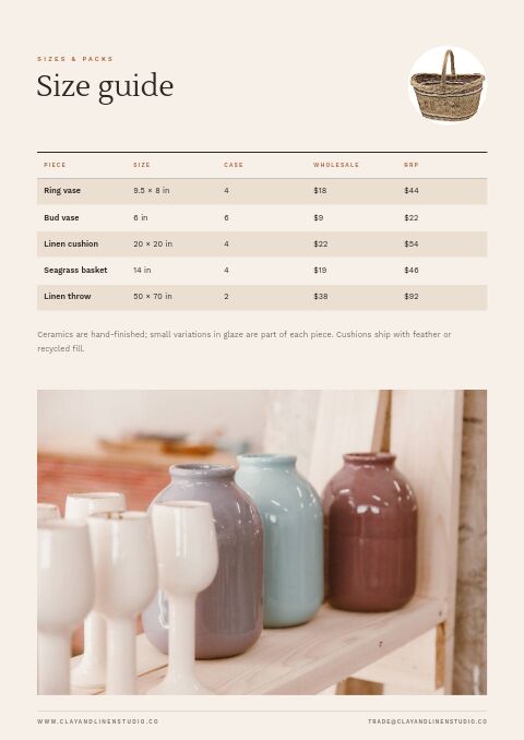 Home & Decor Catalog — Size / Spec Guide page