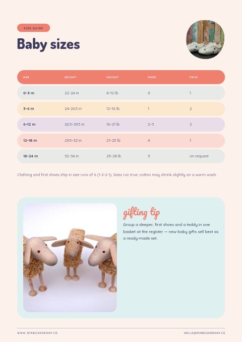 Kids & Baby Catalog — Size / Spec Guide page
