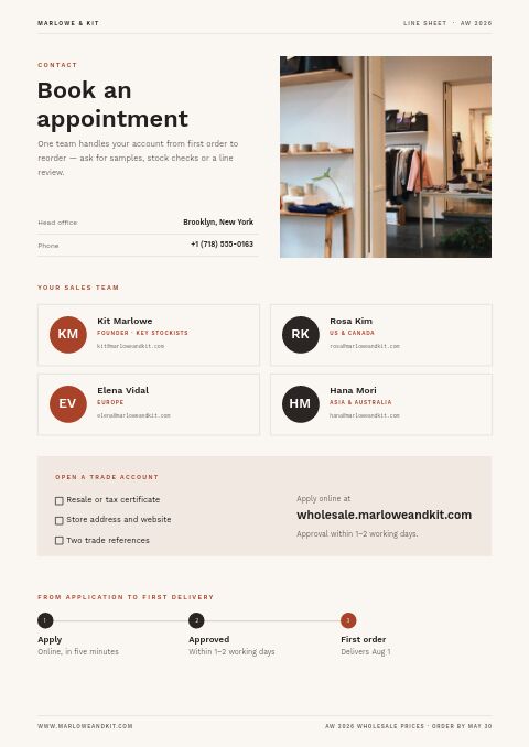 Line Sheet — Contact / Info page
