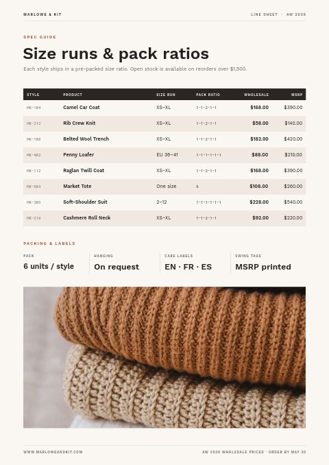 Line Sheet — Size / Spec Guide page