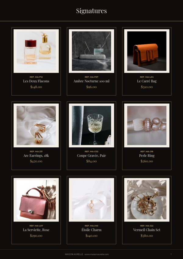 Luxury Catalog — product page, 3 × 3 grid