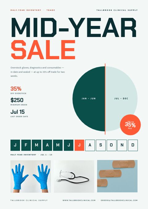 Mid-year sale catalog cover: a half-filled year dial, a row of month blocks with July in orange and a 35% off sticker