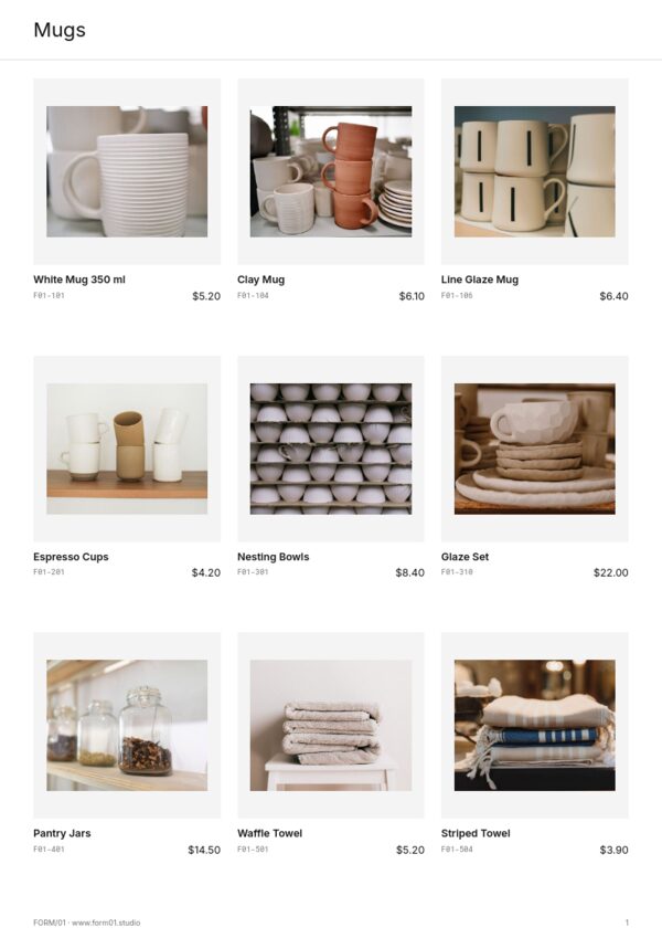 Minimal Catalog — product page, 3 × 3 grid