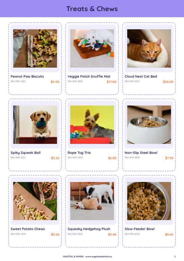 Pet Products Catalog — product page, 3 × 3 grid