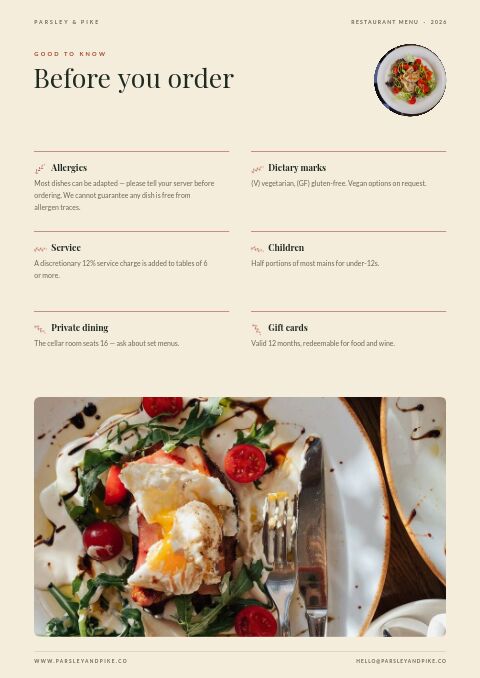 Restaurant Menu — Notes / Terms page