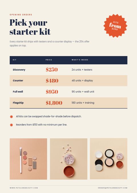 Special Offer — Size / Spec Guide page