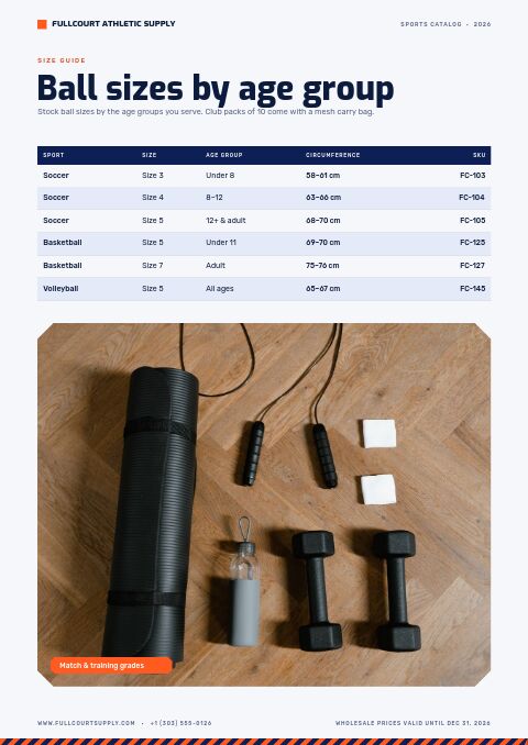 Sports Catalog — Size / Spec Guide page