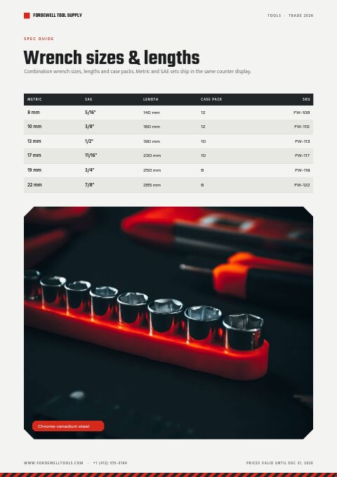 Tools Catalog — Size / Spec Guide page