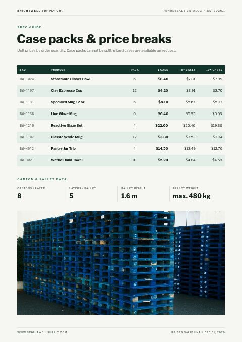 Wholesale Catalog — Size / Spec Guide page