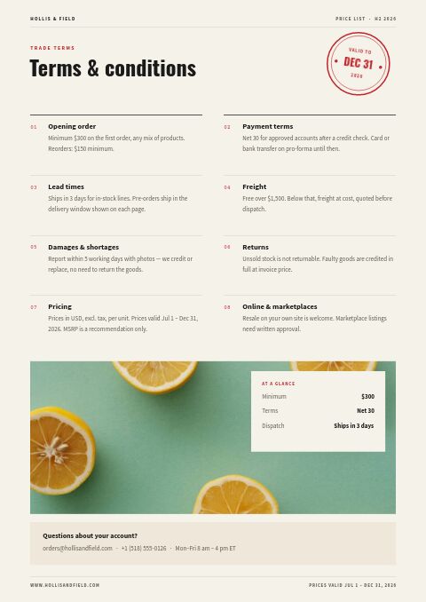 Wholesale Price List — Notes / Terms page