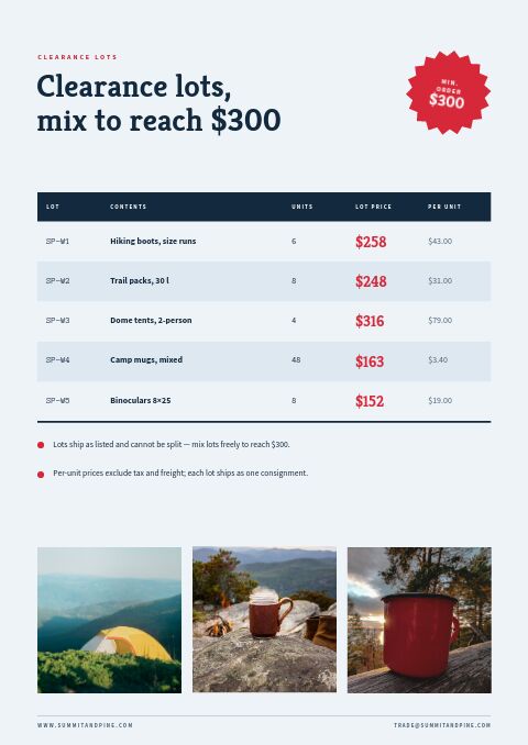Winter Clearance — Size / Spec Guide page
