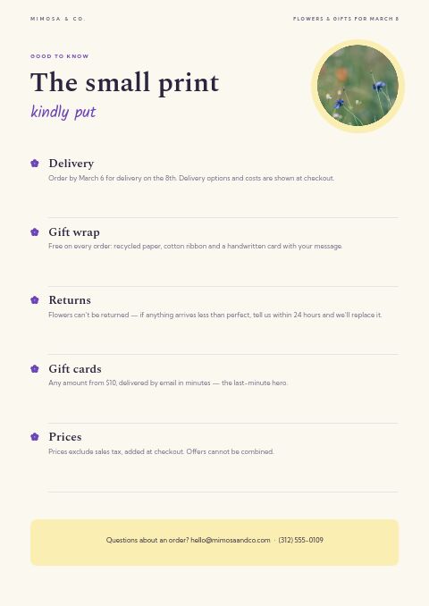 Women’s Day Gift Guide — Notes / Terms page