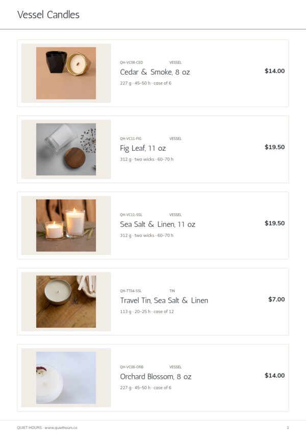 Candles & Home Fragrance — product page, Line sheet