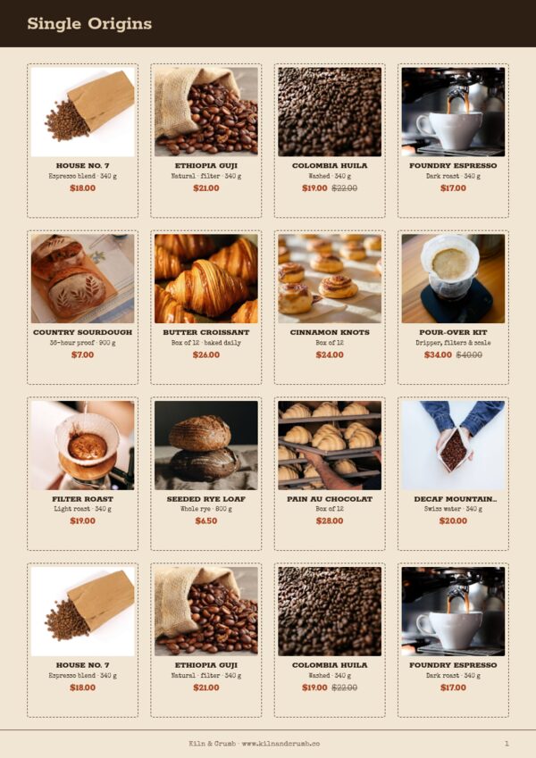 Coffee & Bakery — product page, 4 × 4 grid