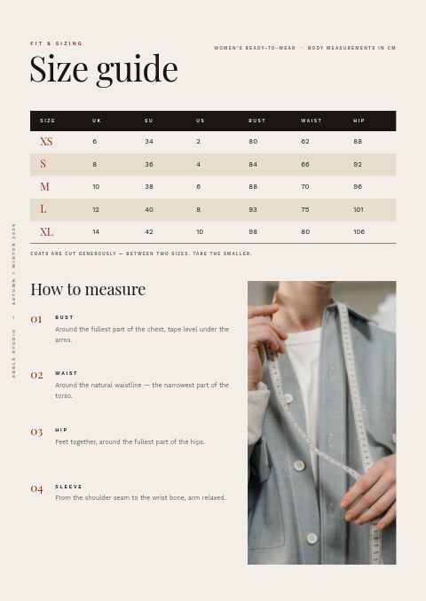 Fashion & Apparel — Size / Spec Guide page