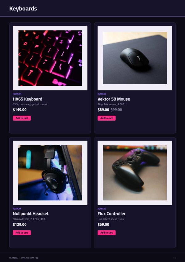 Gaming & Esports Gear — product page, 2 × 2 grid