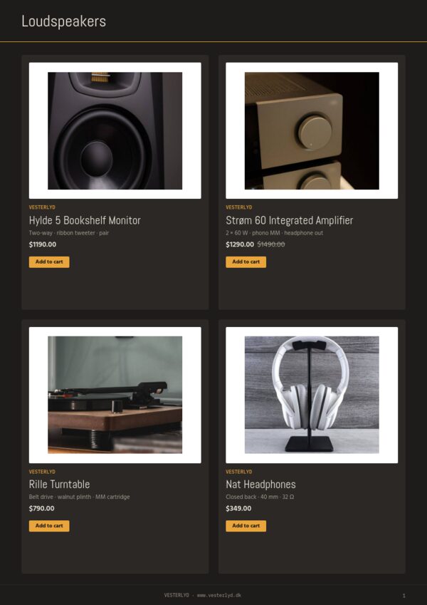 Hi-Fi & Audio — product page, 2 × 2 grid