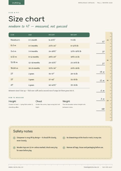 Baby & Kids Premium — Size / Spec Guide page