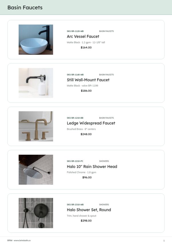 Bathroom Fixtures Premium — product page, Line sheet