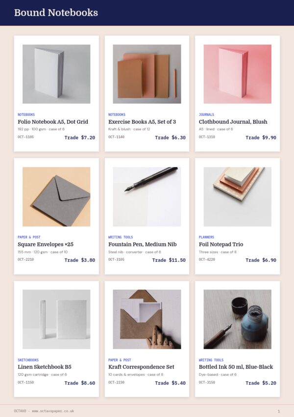 Books & Stationery Premium — product page, 3 × 3 grid