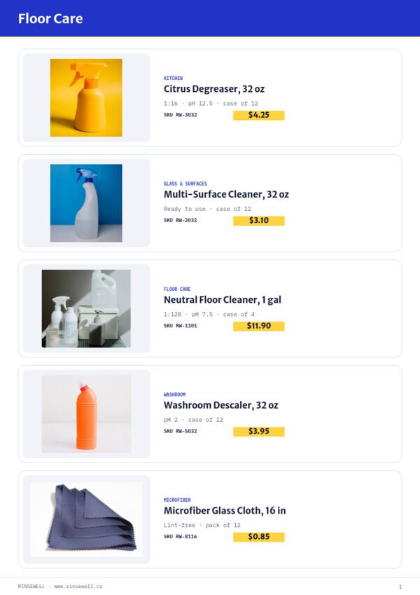 Cleaning Supplies Premium — product page, Line sheet