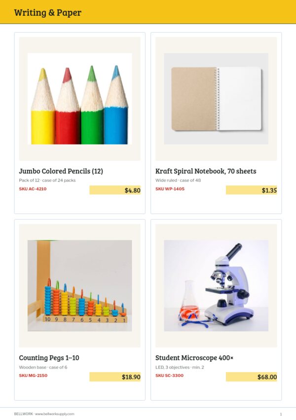 Educational Supplies Premium — product page, 2 × 2 grid