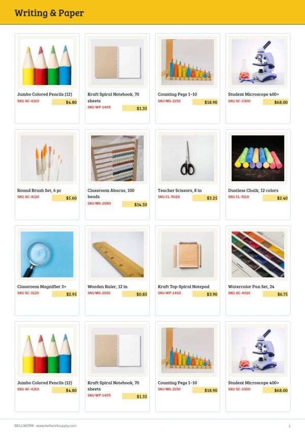Educational Supplies Premium — product page, 4 × 4 grid