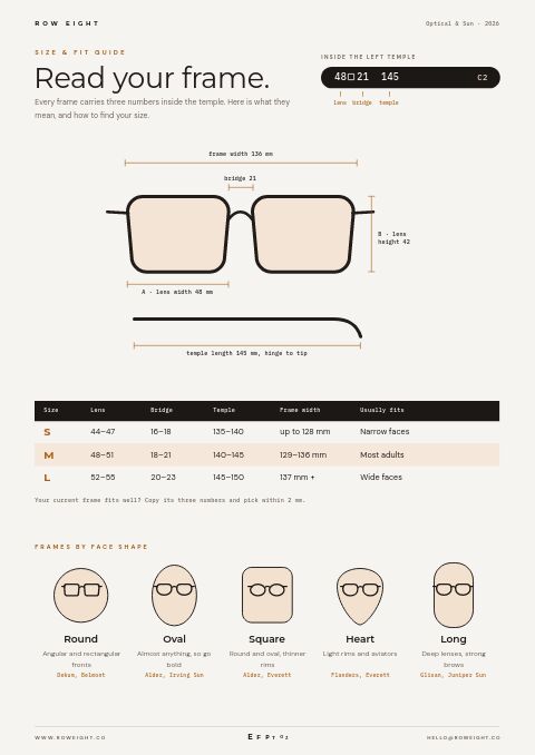 Eyewear Premium — Size / Spec Guide page