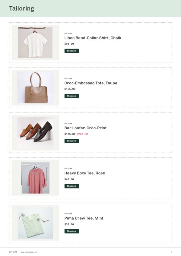 Fashion Premium — product page, Line sheet
