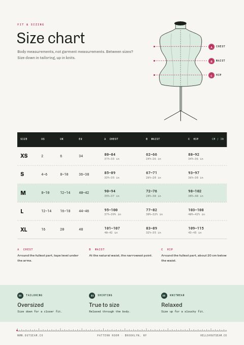 Fashion Premium — Size / Spec Guide page