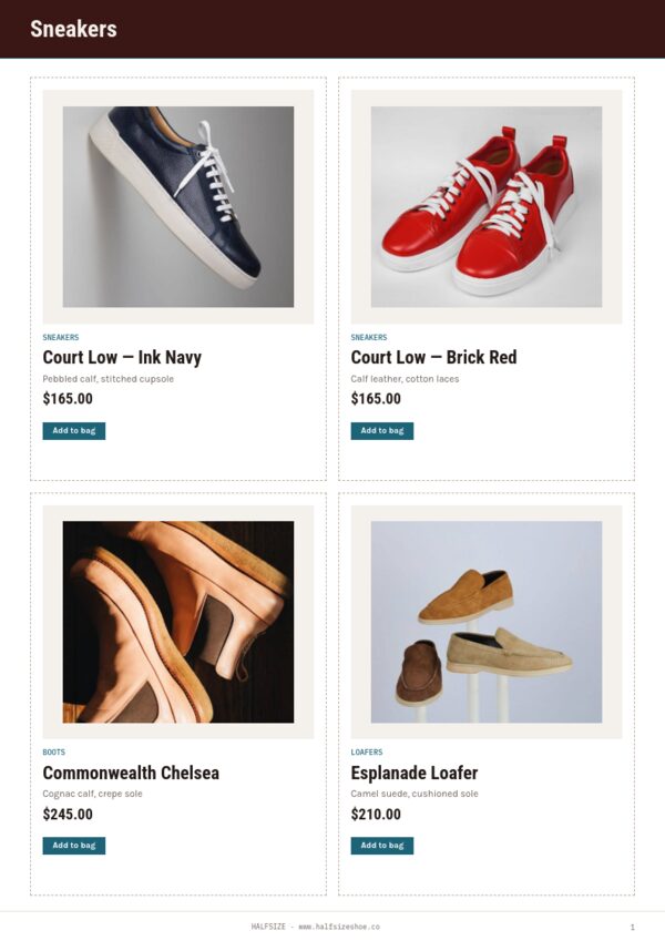 Footwear Premium — product page, 2 × 2 grid